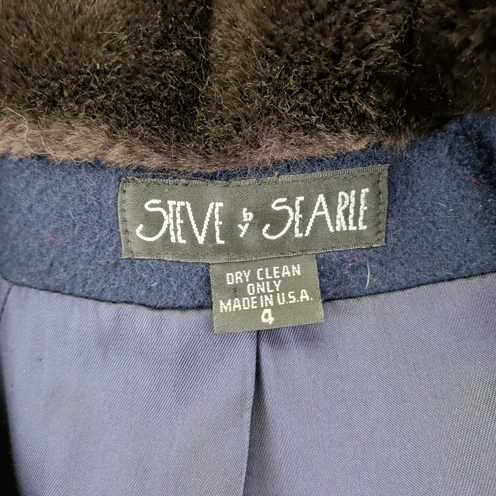 Steve Searle Women's Navy Blue Wool Blend Faux Fur Collar Long Coat Size 4 Small - Picture 8 of 8